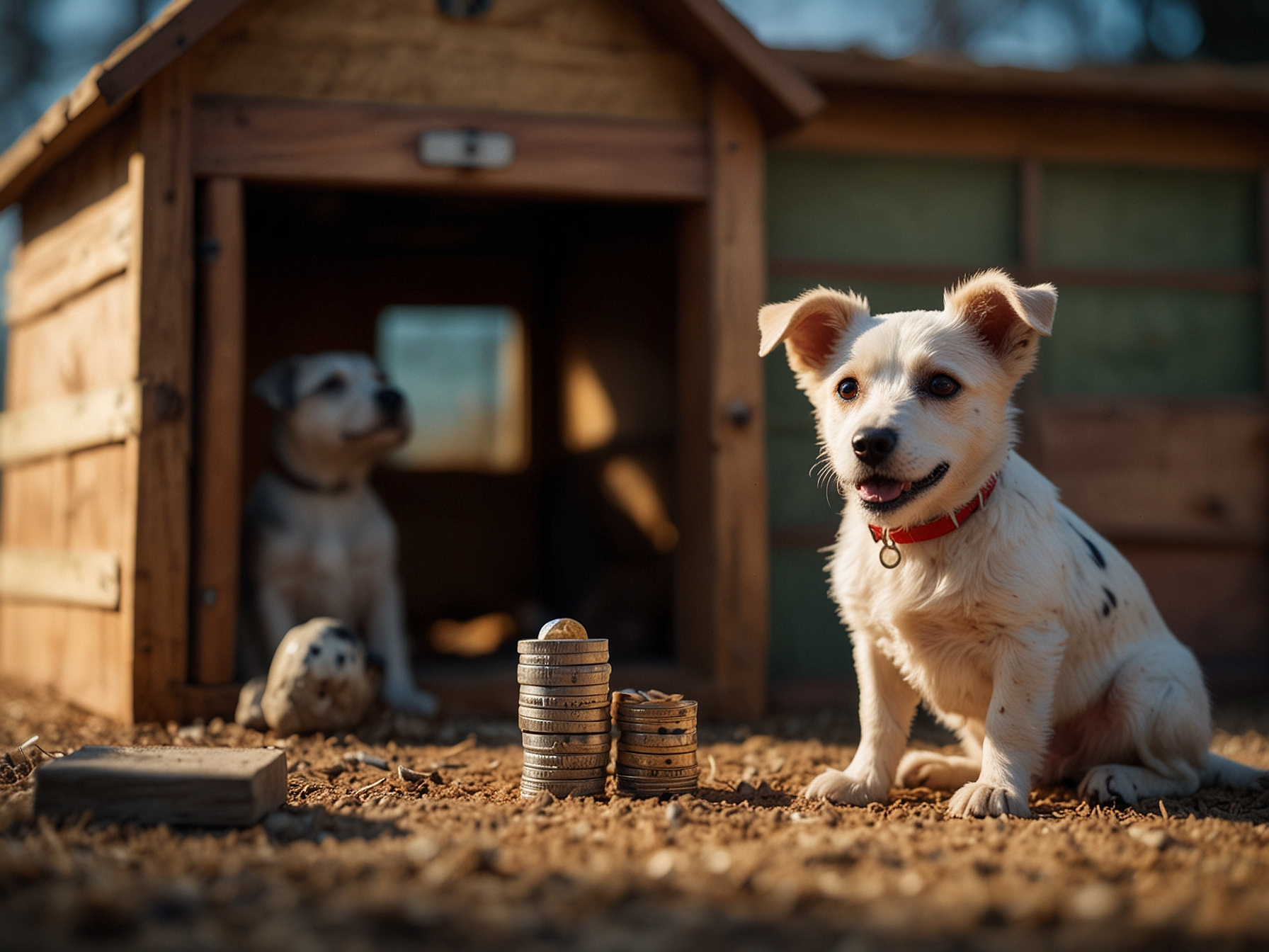Dog House Megaways Hauptbild mit Hunden und Holzhaus